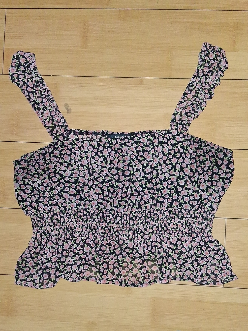 Forever 21 Black Floral Smocked Crop Top with Pink Flowers